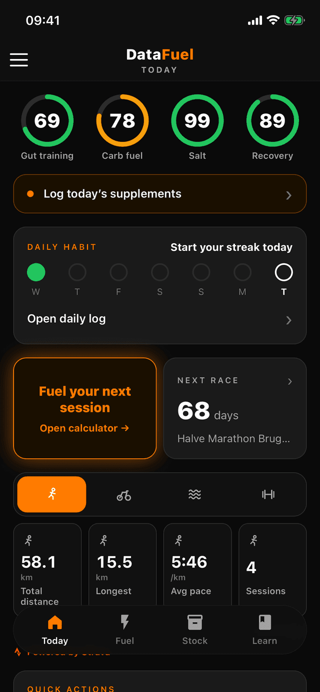 De DataFuel-app met vier scores: gut training, koolhydraten, zout en herstel