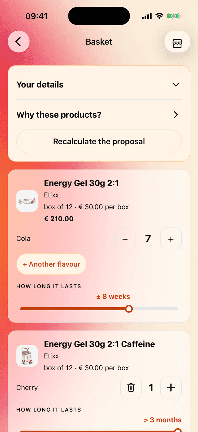 The DataFuel app basket with energy gels and supplements and how long each lasts