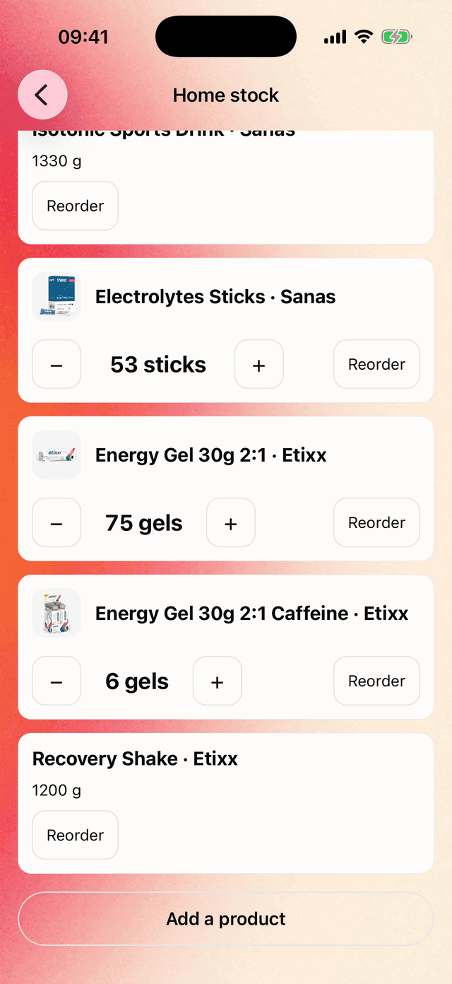 The DataFuel home stock screen: how much of each product you still have, with a reorder button