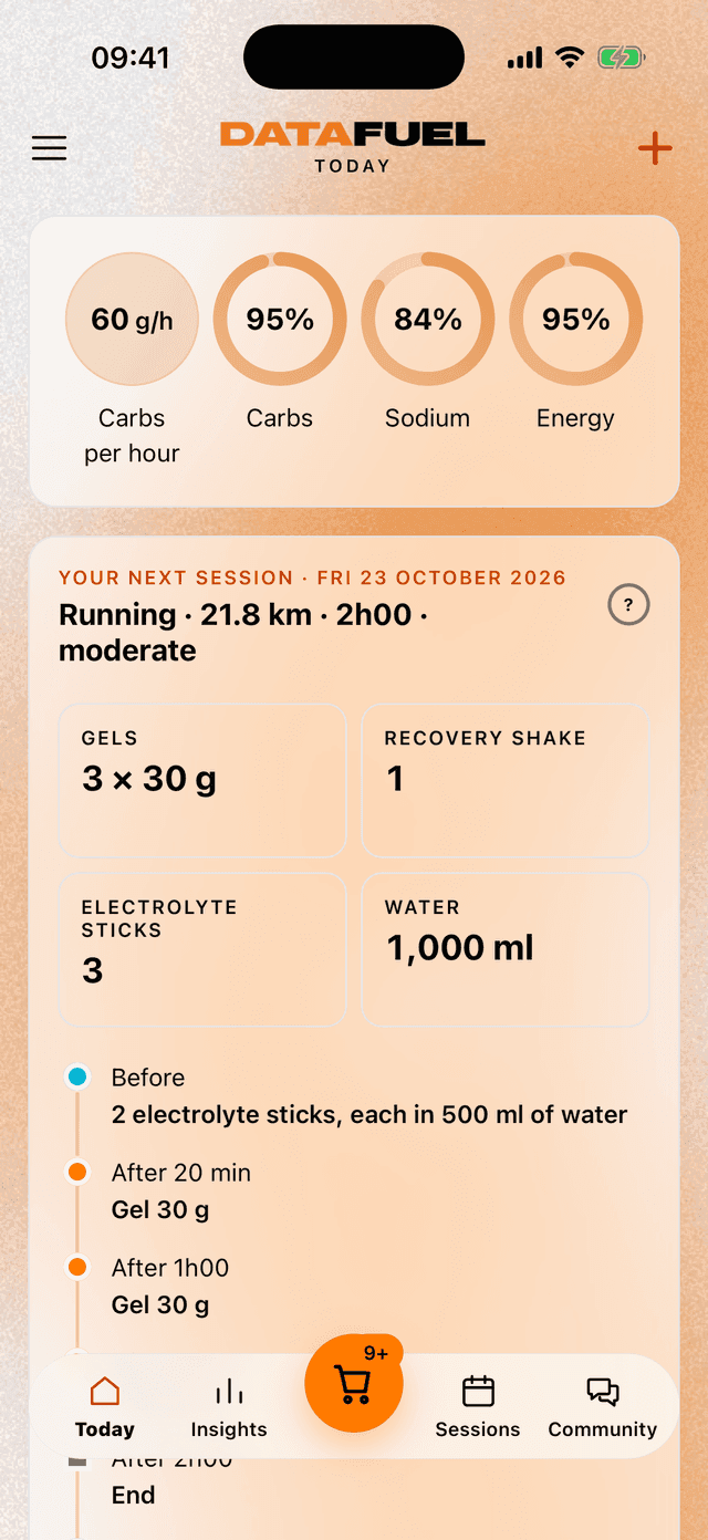 The DataFuel app showing four scores: gut training, carb fuel, hydration and recovery
