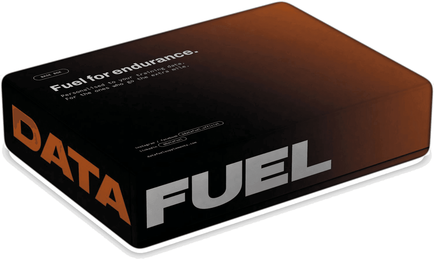 De DataFuel-supplementenbox: matzwarte doos met een oranje verloop, DATA op de zijkant en FUEL op de voorkant